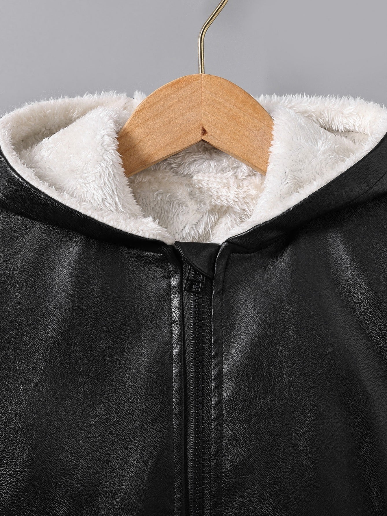Boys' Faux Leather Jacket with Fleece Lining - Thickened Winter Coat, Full-Zip Front Closure, Machine Washable, Casual Style for Fall/Winter, Regular Fit