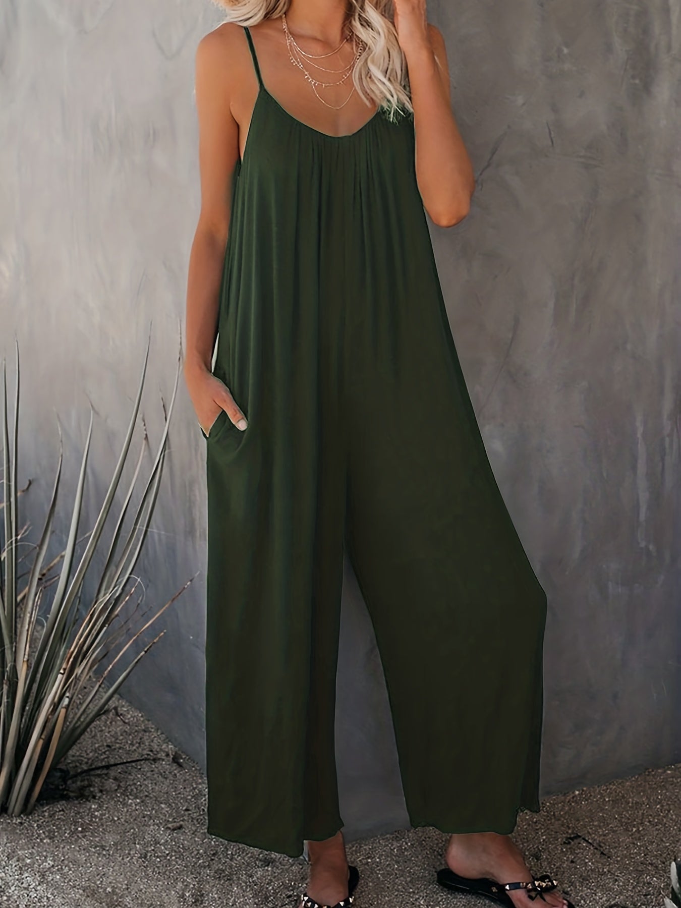 Plus Size Basic Jumpsuit, Women's Plus Solid V Neck Wide Leg Summer Cami Jumpsuit