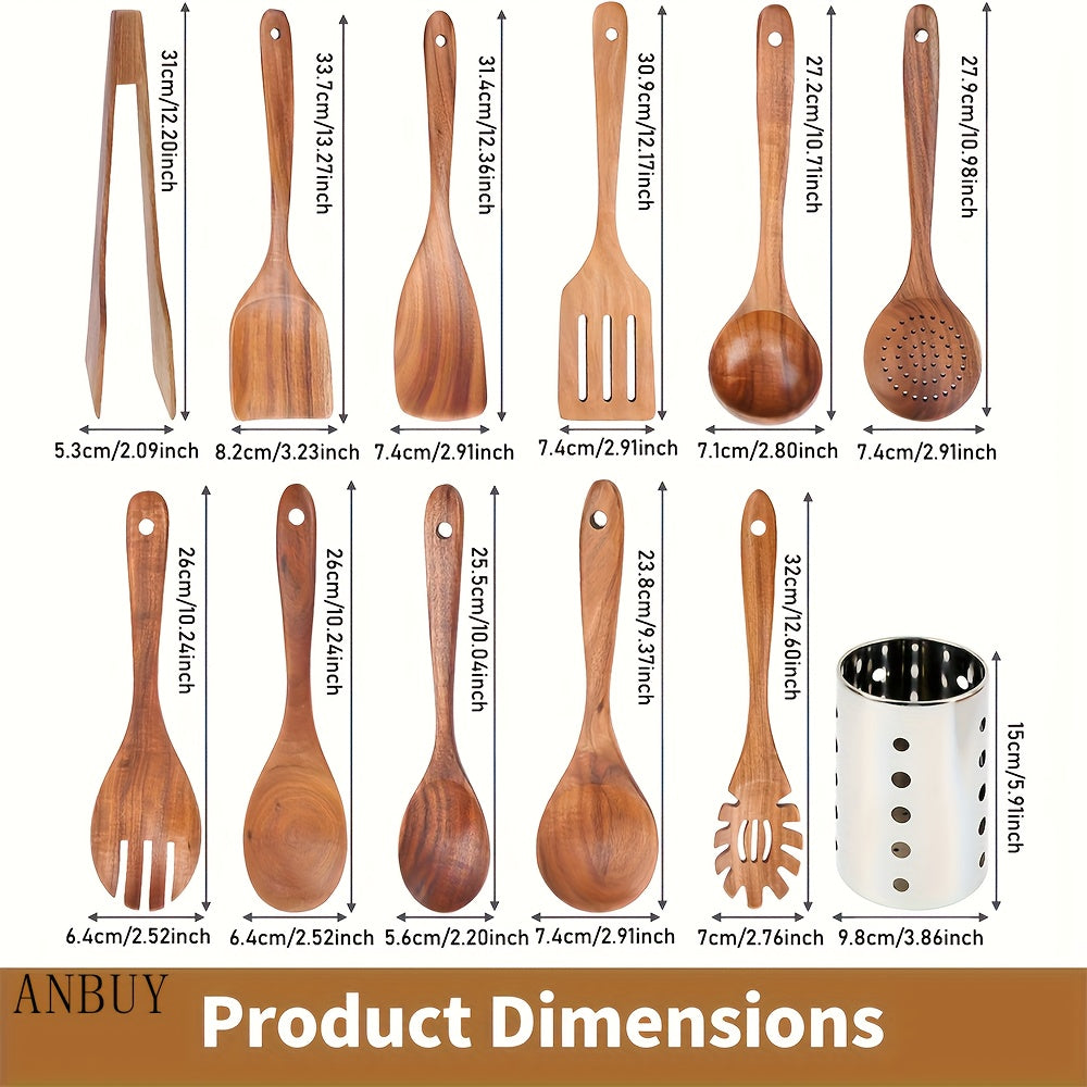 12pcs Wooden Kitchen Utensil Set, Wood Utensils Cooking Set Wood Spoons for Cooking, Spatulas Non-Stick for Cookware Kitchen Gadgets