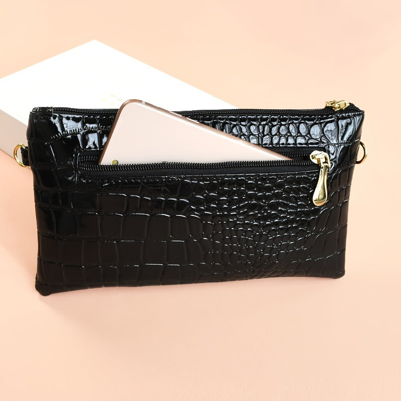 Fashion Croc Embossed Clutch Bag - Stylish Faux Leather Crossbody Coin Purse with Wristlet for Women