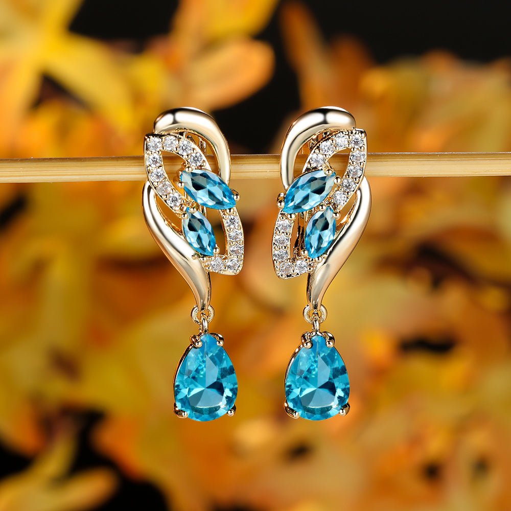 ANGOL Romantic Flower Dangle Earrings for Women - Golden-Tone Floral Design with Red & Clear Synthetic Gemstones, Elegant Party & Everyday Jewelry Gifts