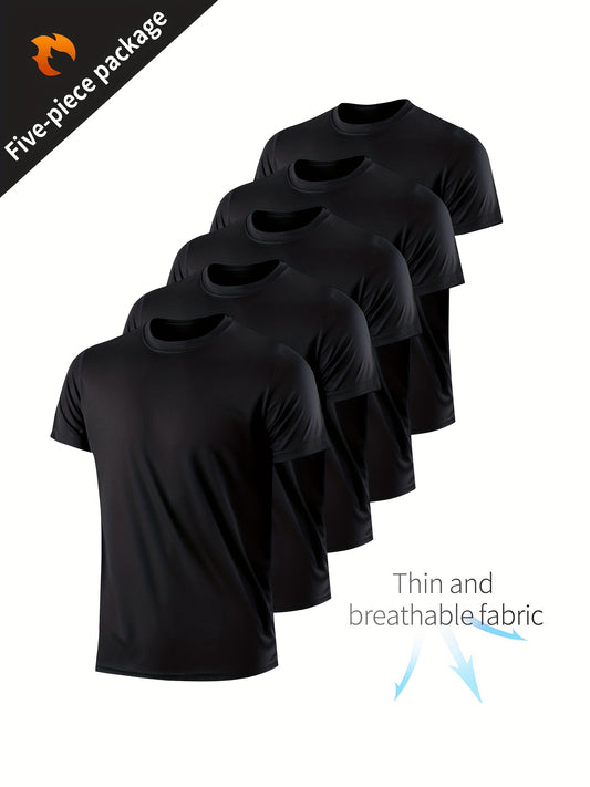 [5pcs Quick-Dry Sports Shirt] 5pcs Xinso Prince Ultra-Thin Men's Quick-Dry Fitness Sports Shirt Set - Black Plaid Short Sleeve Top