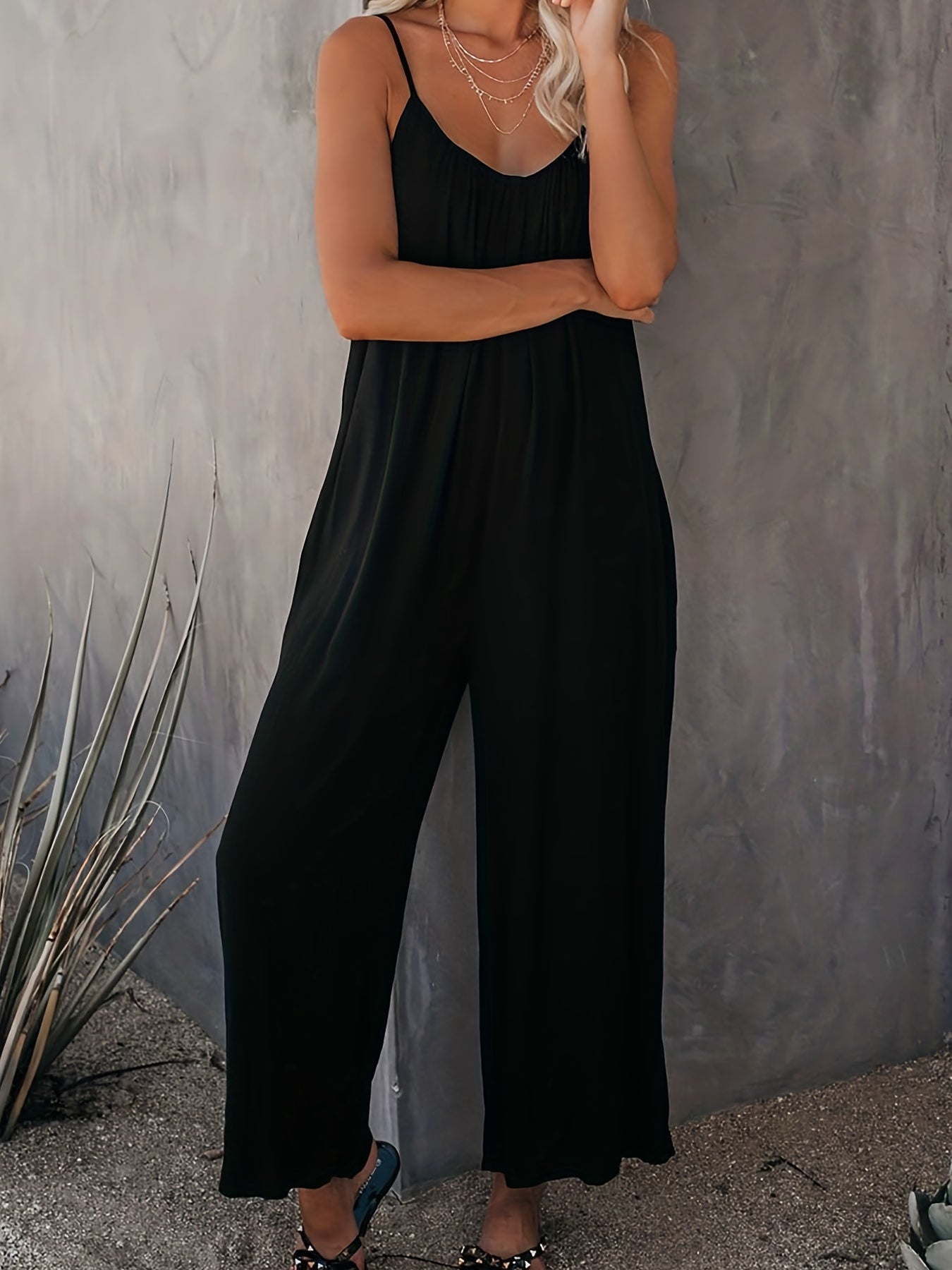Plus Size Basic Jumpsuit, Women's Plus Solid V Neck Wide Leg Summer Cami Jumpsuit