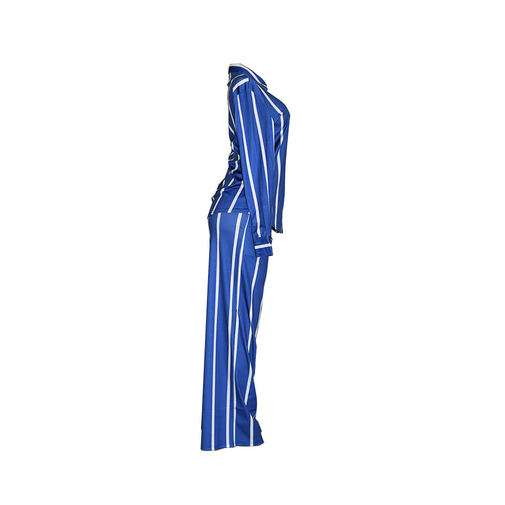 [Two-piece Set Long Sleeve Shirt] Striped Print Two-piece Set, Button Front Collar Long Sleeve Shirt & High Waist Wide Leg Loose Pants Set, Women's Clothing