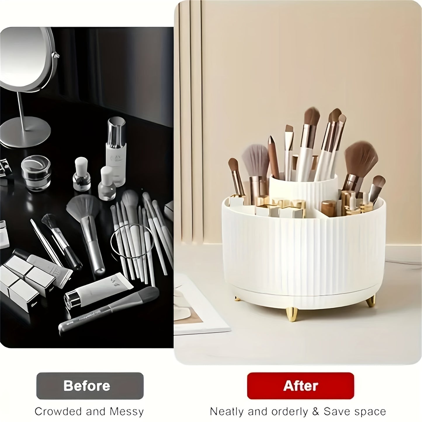360° Rotating Makeup Organizer - 1pc Plastic Cosmetic Storage with 5 Compartments - Multi-Functional Holder for Brushes, Lipsticks, Skin Care Products, and Stationery - Durable Unscented Desk Caddy with Luxury Stripe Design