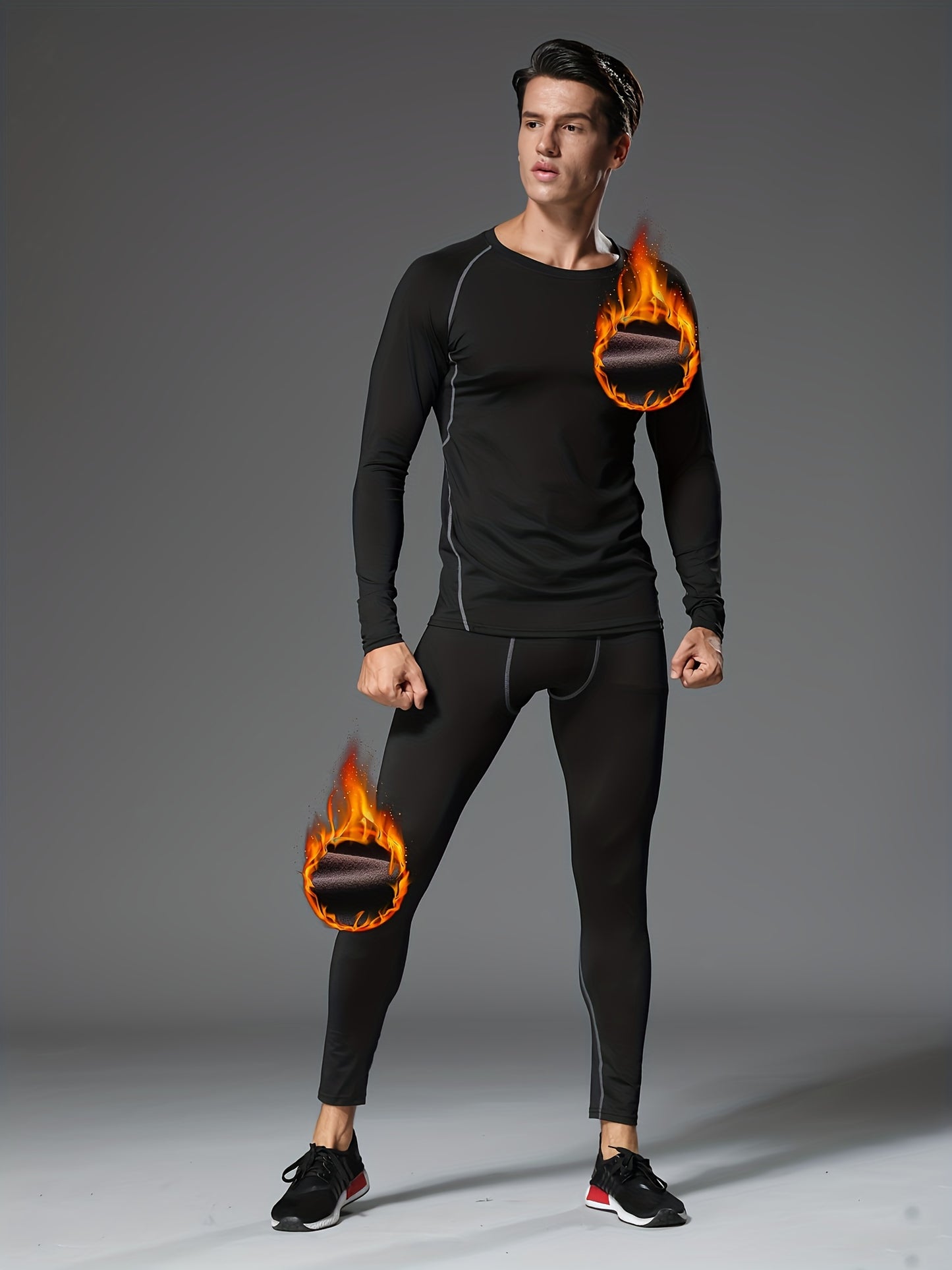 8pcs Men's Fleece Athletic Set - Full-Body Tight-Fit Gym & Suit, Polyester Knit Thermal Outfit for Winter Sports, Running, Hiking, Basketball & Cycling, Warm Sports Wear, Winter Sportswear, Winter Gym Clothes, Winter Sports W