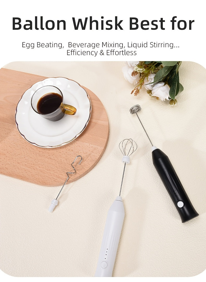 USB Rechargeable Handheld Milk Frother - 3 Interchangeable Blenders, 3-Speed Electric Blender with Stainless Steel Whisk, Egg Beater for Coffee, Matcha, Latte, Cappuccino And Hot Chocolate - Kitchen Gadgets
