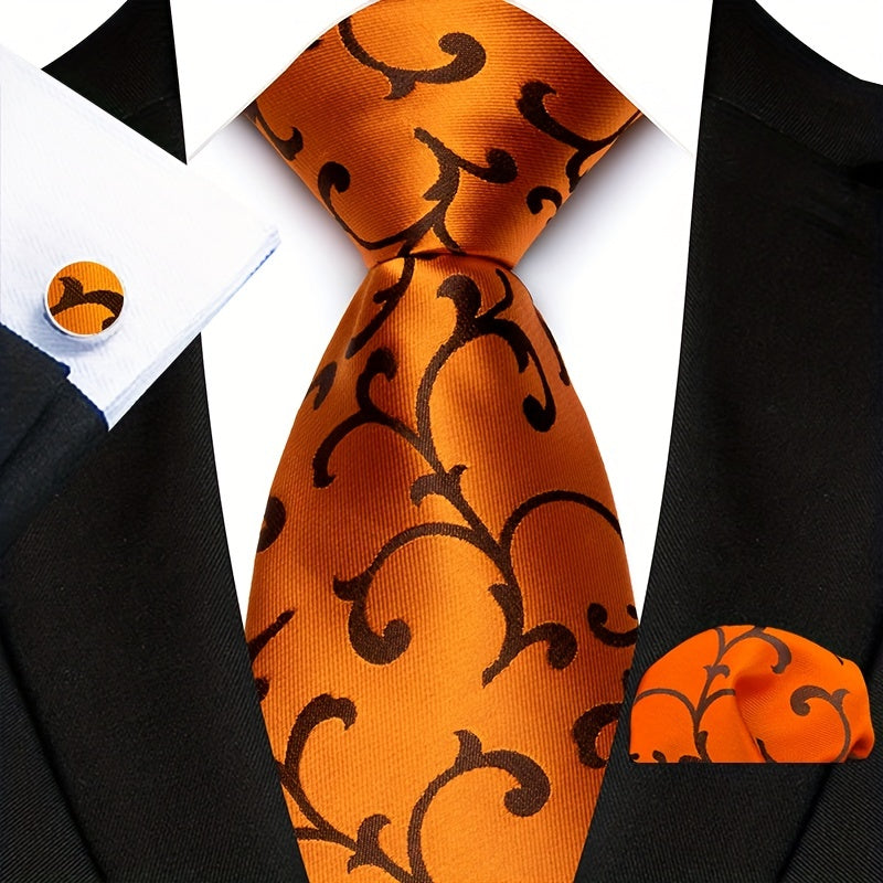 Three-Piece Gentlemans Accessory Set - Stylish Paisley Pattern Tie, Pocket Square, and Cufflinks - Perfect Gift Idea for Men on Special Occasions