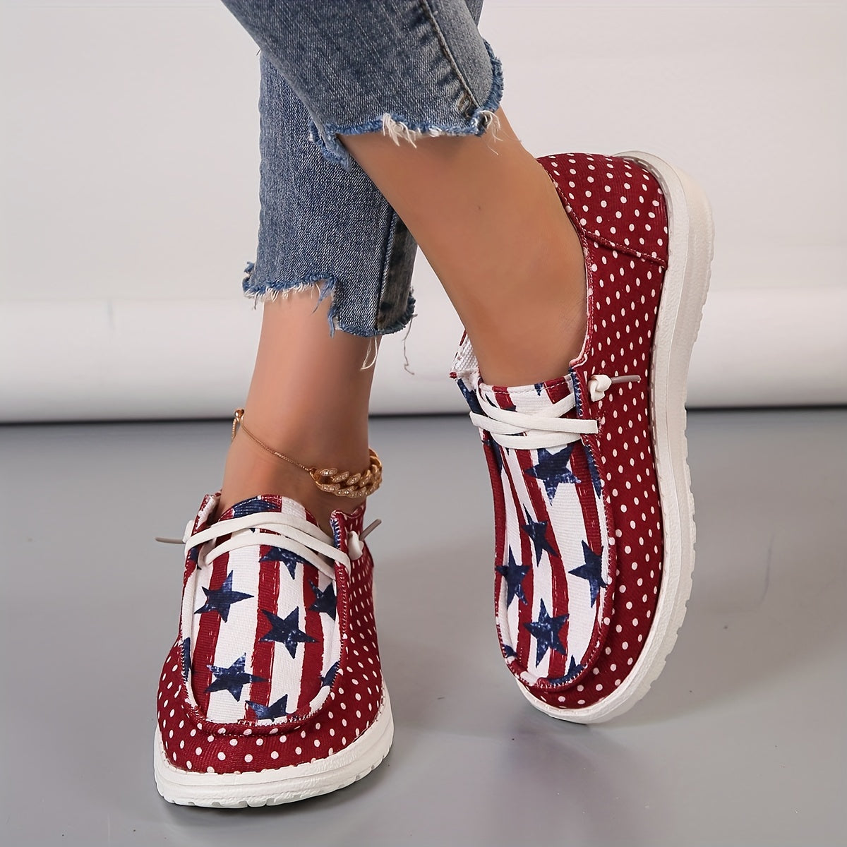Stylish Womens Canvas Shoes - Breathable Mesh Inner, Geometric Pattern, Lightweight Rubber Sole, Round Toe, Casual Lace Up Sneakers for Outdoor Activities - Independence Day Flag Element Design