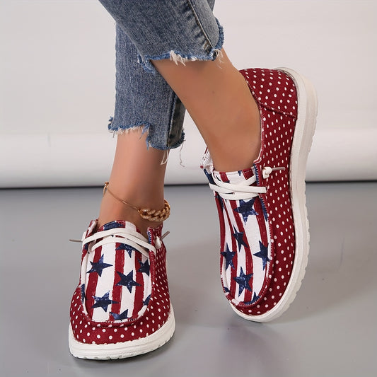 Stylish Womens Canvas Shoes - Breathable Mesh Inner, Geometric Pattern, Lightweight Rubber Sole, Round Toe, Casual Lace Up Sneakers for Outdoor Activities - Independence Day Flag Element Design