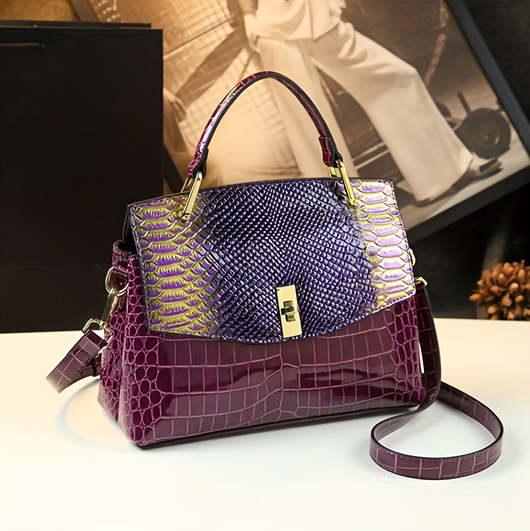 Premium Luxury Womens Retro Crocodile Pattern Bag - Stylish Crossbody Satchel with Elegant Top Handle - Versatile Shoulder & Handbag