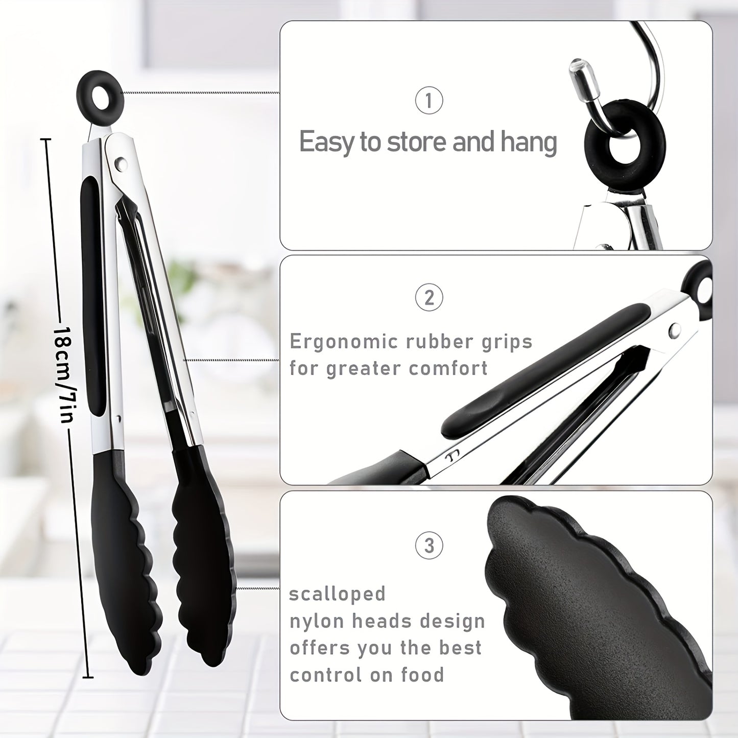 3pcs / 7pcs Kitchen Tongs, 7 Inch Small Silicone Tongs with Stainless Steel Silicon Handles and Nylon Tips, Heat Resistant Non-Stick Cooking Tongs, Mini Locking Food Tongs for Cooking Salad Grilling and Frying