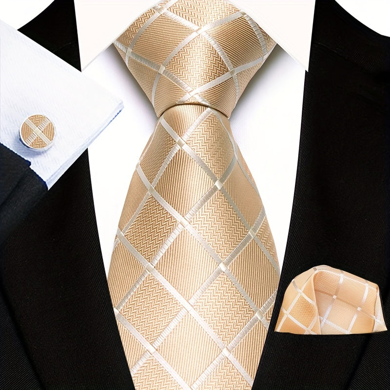 Men's Floral Paisley Striped Plaid Necktie & Handkerchief & Cufflink Set, Formal Business Wedding Necktie Set, Ideal Choice For Gifts
