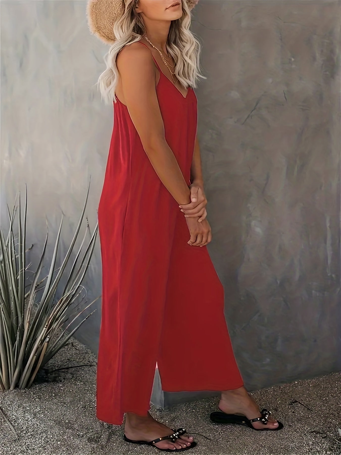 Plus Size Basic Jumpsuit, Women's Plus Solid V Neck Wide Leg Summer Cami Jumpsuit