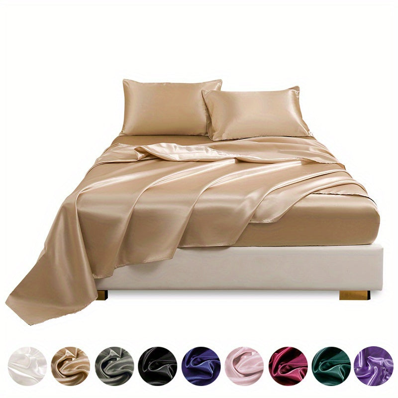 4pcs Satin Bed Sheet Four-Piece Set Includes One Fitted Sheet, One Flat Sheet, And Two Pillowcases. Pillowcases Do Not Include Inserts. Solid Colors Showcase Simple Elegance. The Simple Style Is Classic And Timeless. Polyeste