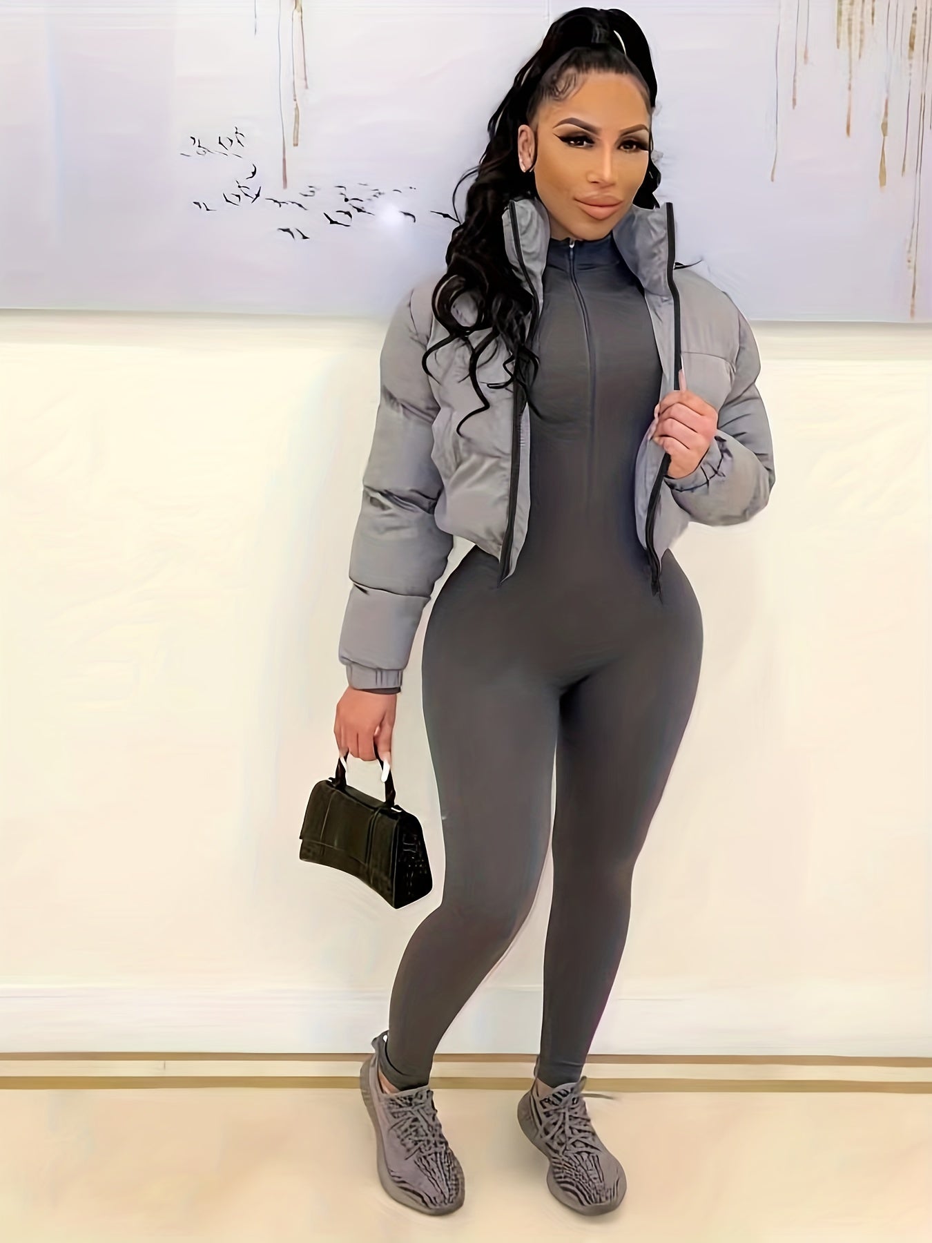 Zip Up Solid Parka, Casual Long Sleeve Winter Warm Outerwear, Women's Clothing