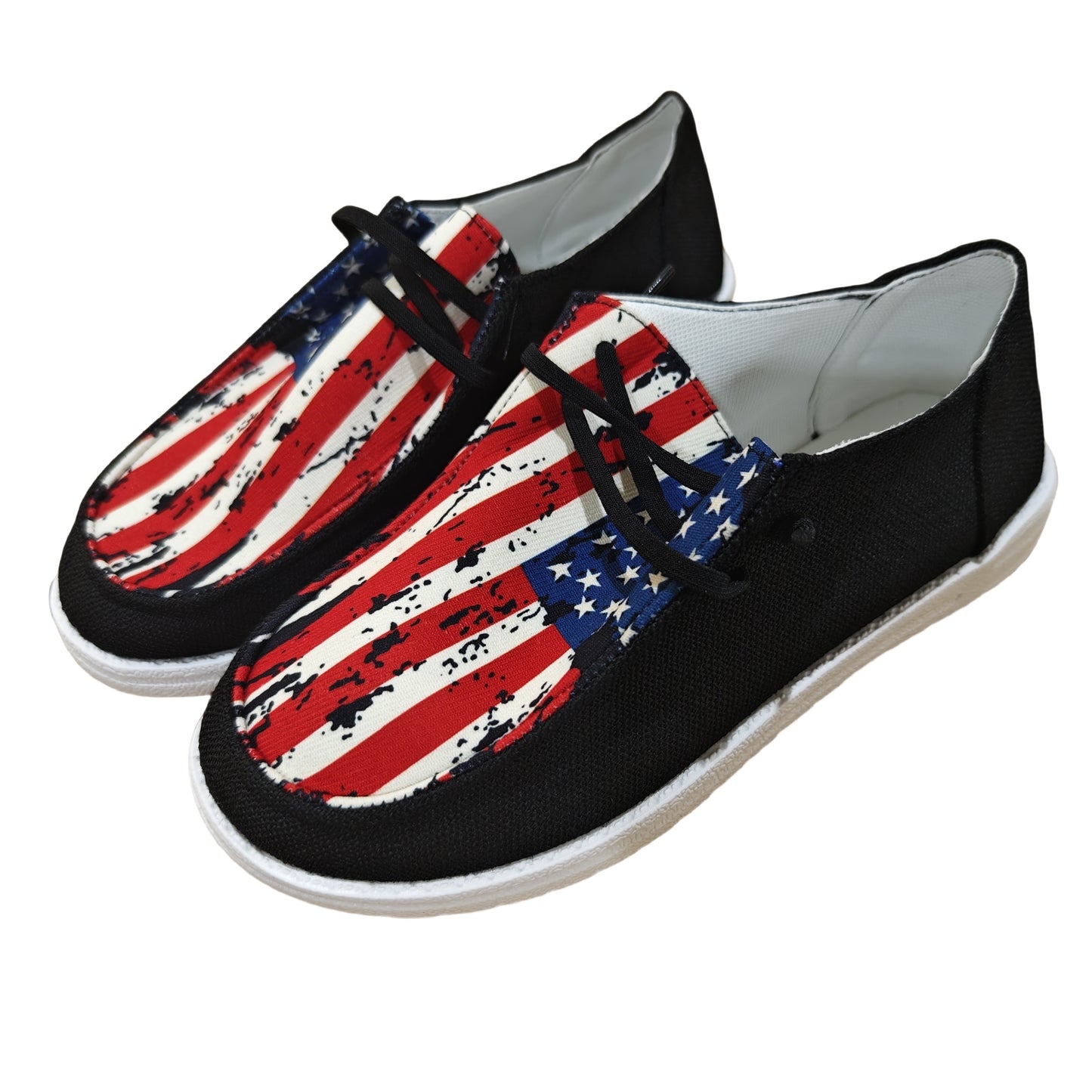 Stylish Womens Canvas Shoes - Breathable Mesh Lining, Fabric Insole, Random Stripe Pattern, Rubber Sole, Round Toe, Lightweight Low Top Design for Casual Outdoor Activities - Independence Day Flag Element