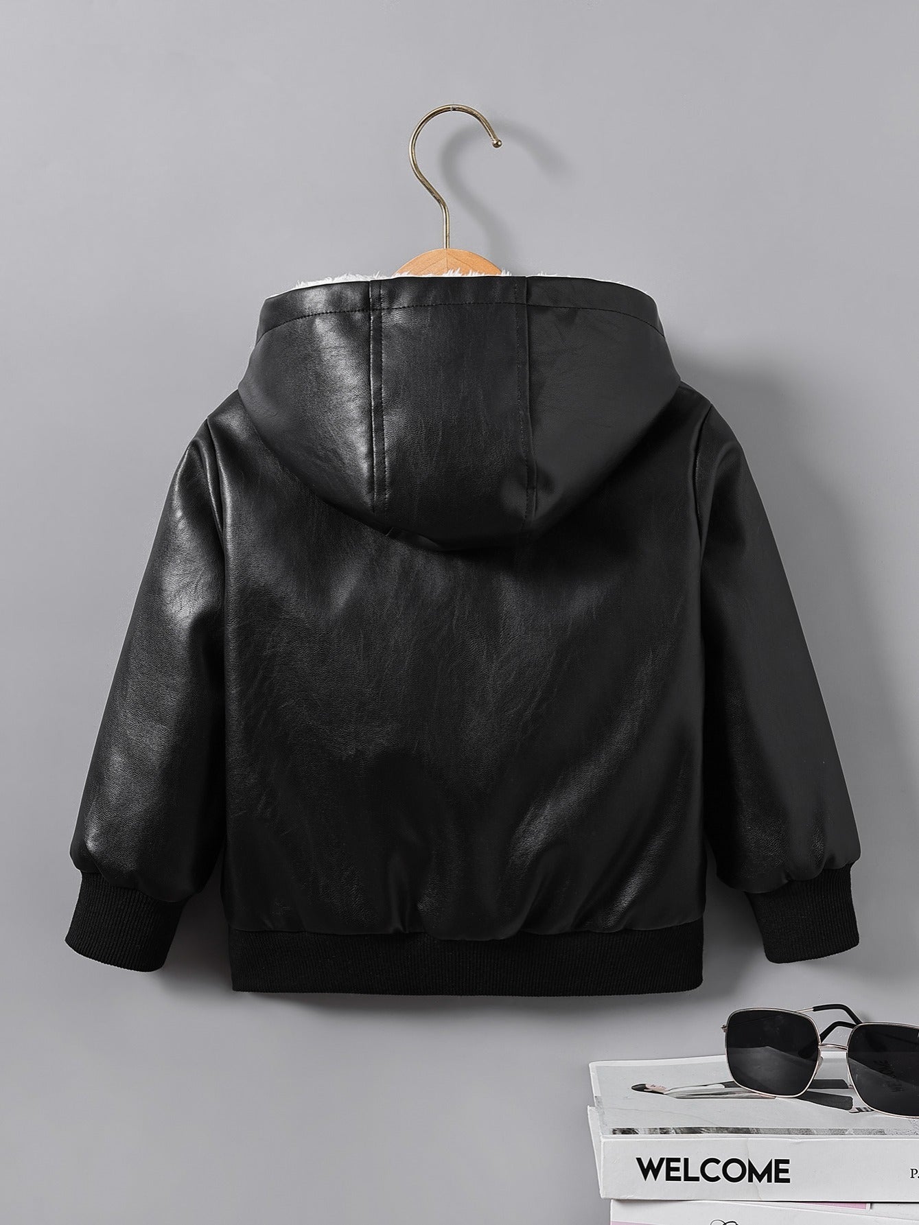 Boys' Faux Leather Jacket with Fleece Lining - Thickened Winter Coat, Full-Zip Front Closure, Machine Washable, Casual Style for Fall/Winter, Regular Fit
