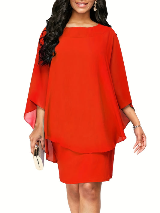 Plus Size, Plus Size Women's Classic Solid Color Cover-Up 2-in-1 Chiffon Dress