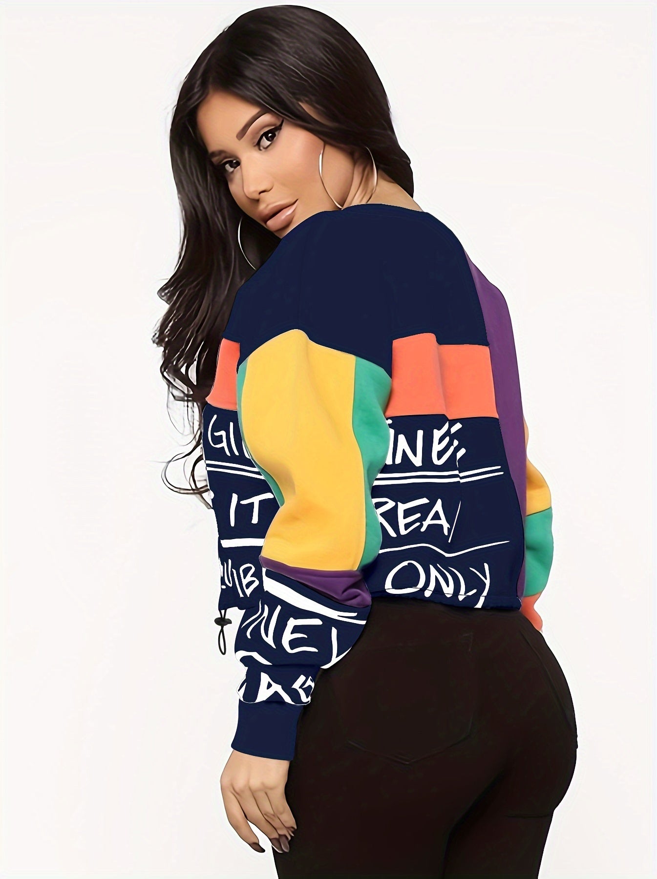 Women's Color Block Letter Print Sweatshirt - Cozy Long Sleeve Crew Neck for Fall & Winter