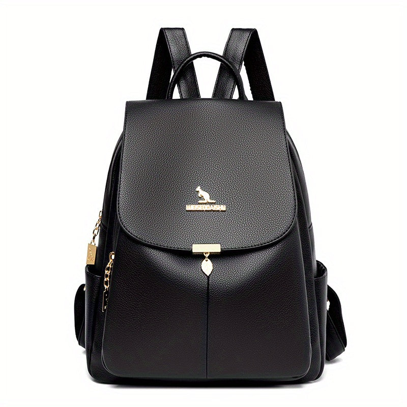 Flap Backpack For Women, Metal Decor School Bag, Fashion PU Leather Travel Daypack