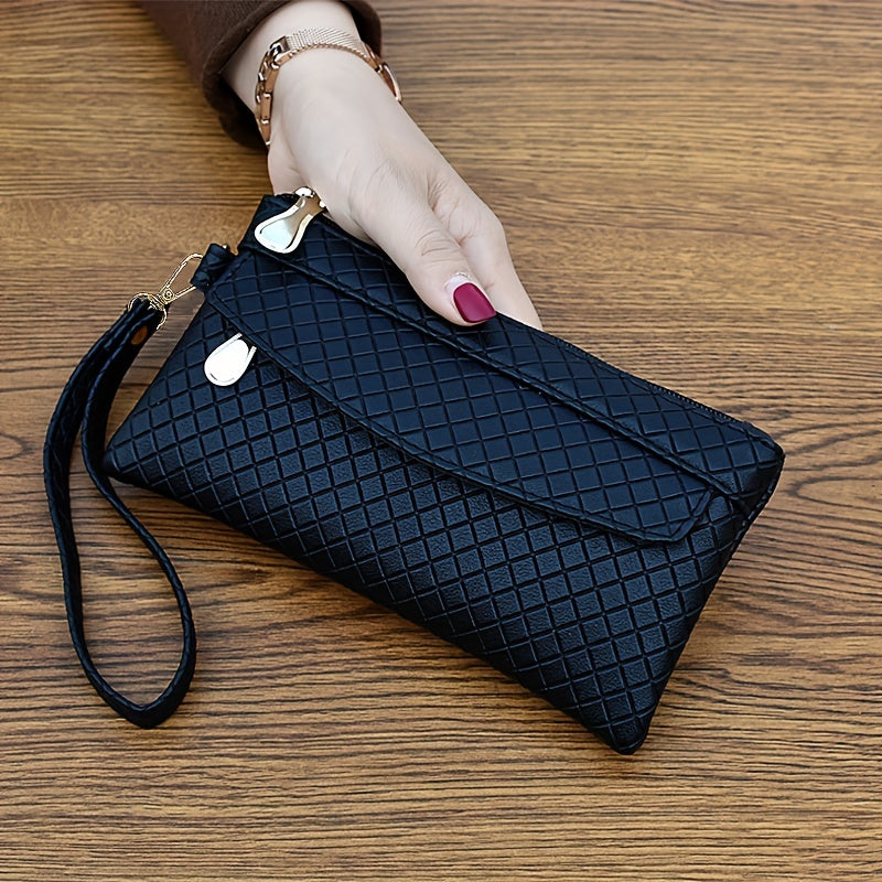 Women's Argyle Quilted Clutch Bag, Multi Zipper Wristlet Bag For Phone & Coin, Fashion Handbag