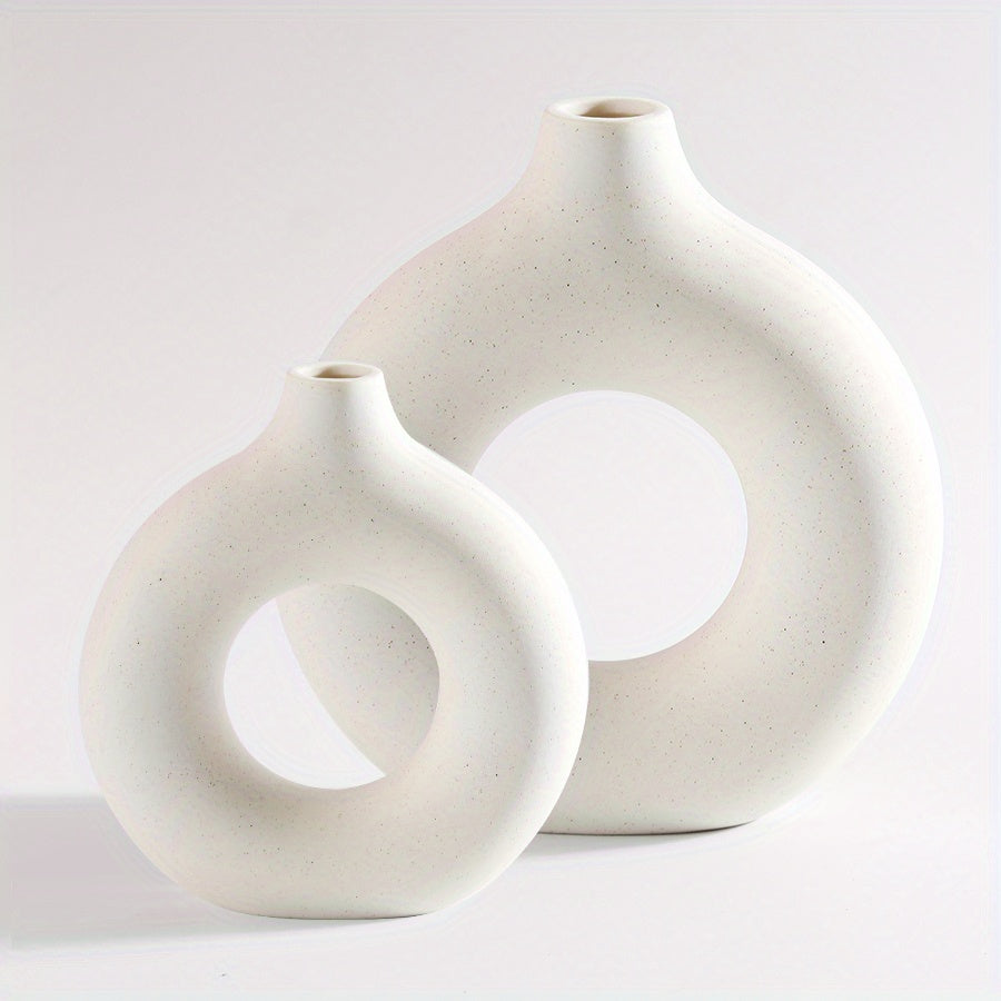 1pc Contemporary Ceramic Vase, Round Circle Design, Creative Ceramic Craft, Living Room Decor, Cross-Border Bestseller, 5.12*5.51inch Decorative Flower Vase