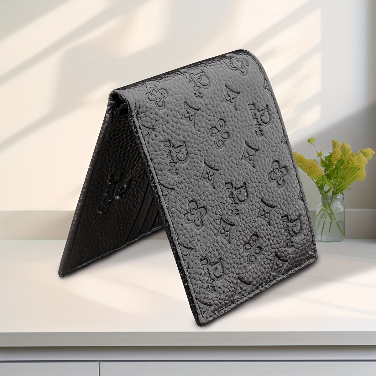 [Everyday Comfort] Baweisibinli Slim Black Leather Wallet for Men - Fashion Business Design with Multi-Card Slots & ID Window, Embossed Letter Pattern, Ideal Gift for Valentine's Day