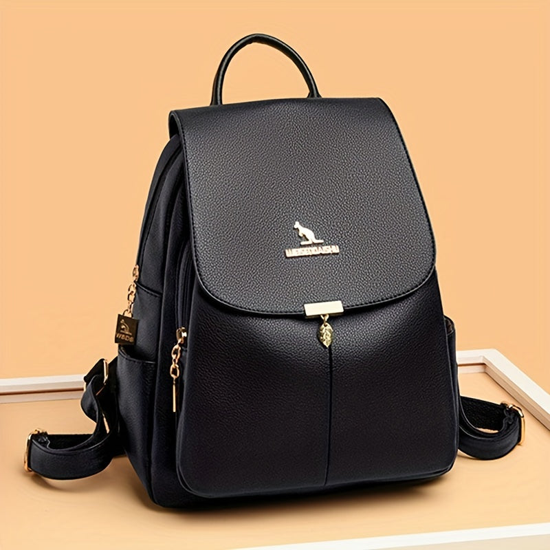 Flap Backpack For Women, Metal Decor School Bag, Fashion PU Leather Travel Daypack