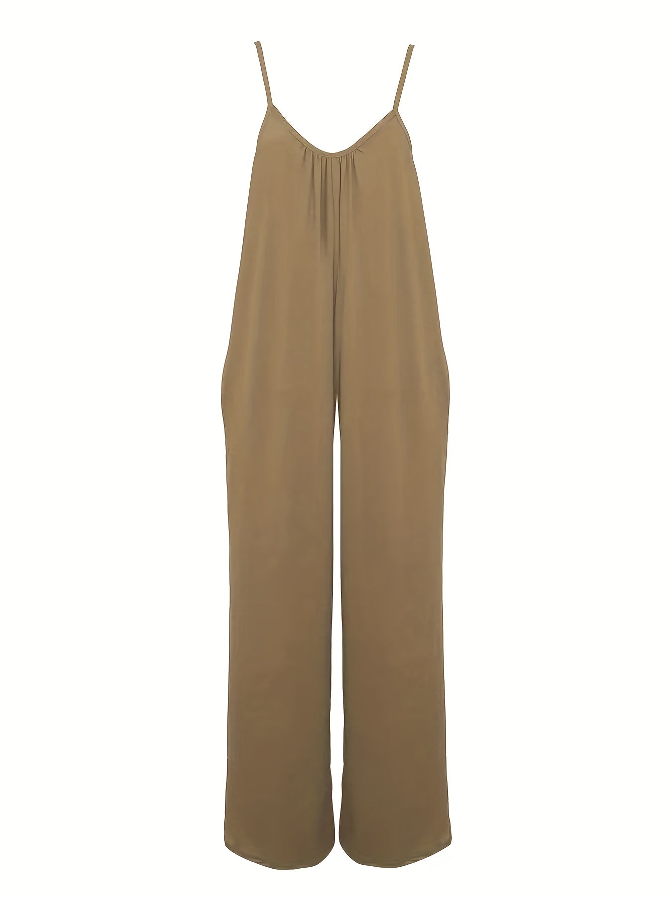 Plus Size Basic Jumpsuit, Women's Plus Solid V Neck Wide Leg Summer Cami Jumpsuit