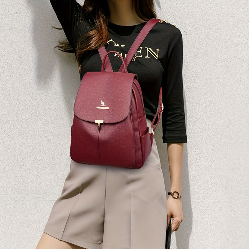 Flap Backpack For Women, Metal Decor School Bag, Fashion PU Leather Travel Daypack