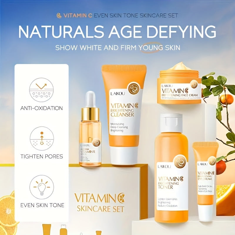 LAIKOU Vitamin C Series Skin Care Products Set 5 Piece Cleansing Skin Water Serum Eye Cream Essence Cream For Men And Women Daily Skin Care Gifts