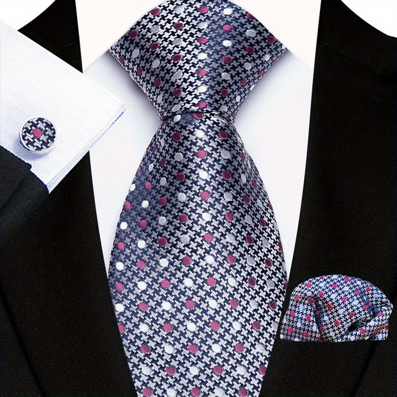 Men's Floral Paisley Striped Plaid Necktie & Handkerchief & Cufflink Set, Formal Business Wedding Necktie Set, Ideal Choice For Gifts