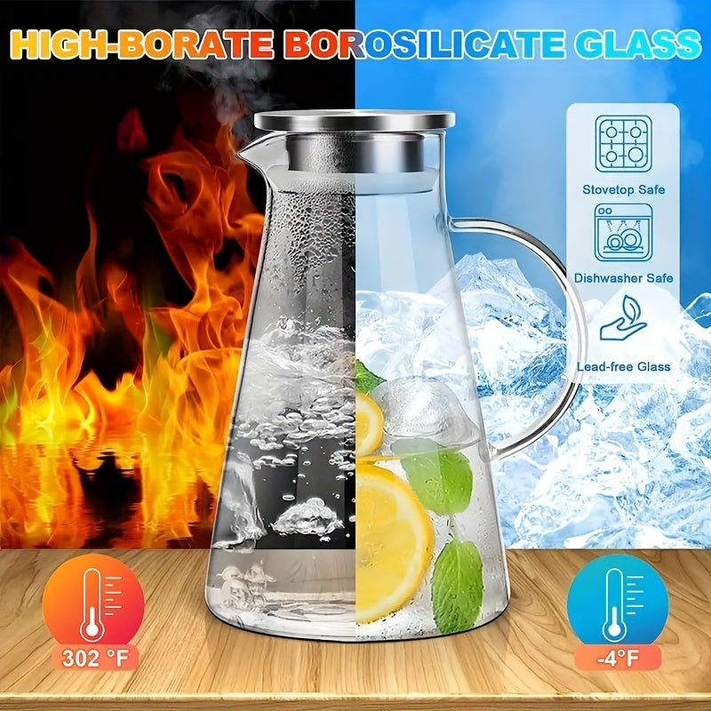 2.0 Liter 68oz Large Glass Pitcher With Lid - Heat Resistant, Easy Clean, Ergonomic Handle - Perfect For Hot/Cold Beverages, Water, Cold Brew, Iced Tea, Juice, and Infused Water at Home, Restaurant, Hotel, or Office