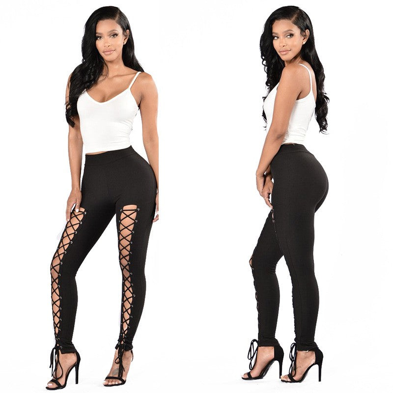 Autumn-Winter Trendy + Western Sexy Lace-Up Leggings with Double Rows of Eyelets, Cross-Tie Ankle Pants for Women, Solid Color Slim-Fit