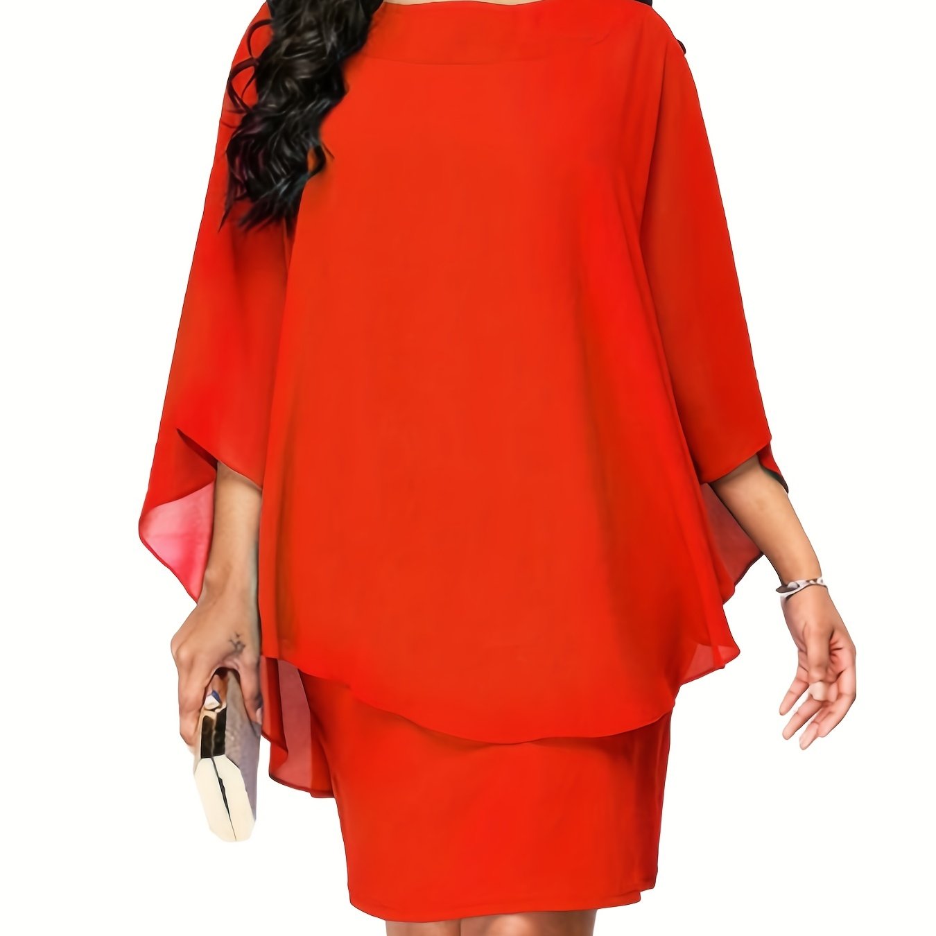 Plus Size, Plus Size Women's Classic Solid Color Cover-Up 2-in-1 Chiffon Dress