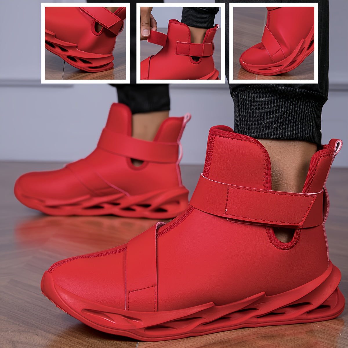 Men's -like PU Boot - Glossy Glossy/ Matte Black & Red/ - Lace-Up & Hook-and-Loop Closure - Chunky EVA Cushioned Base - Low-Top Height - British Work Boots for Men - Gothic Arch - PU Material - Multi-Color Options (Black, Red