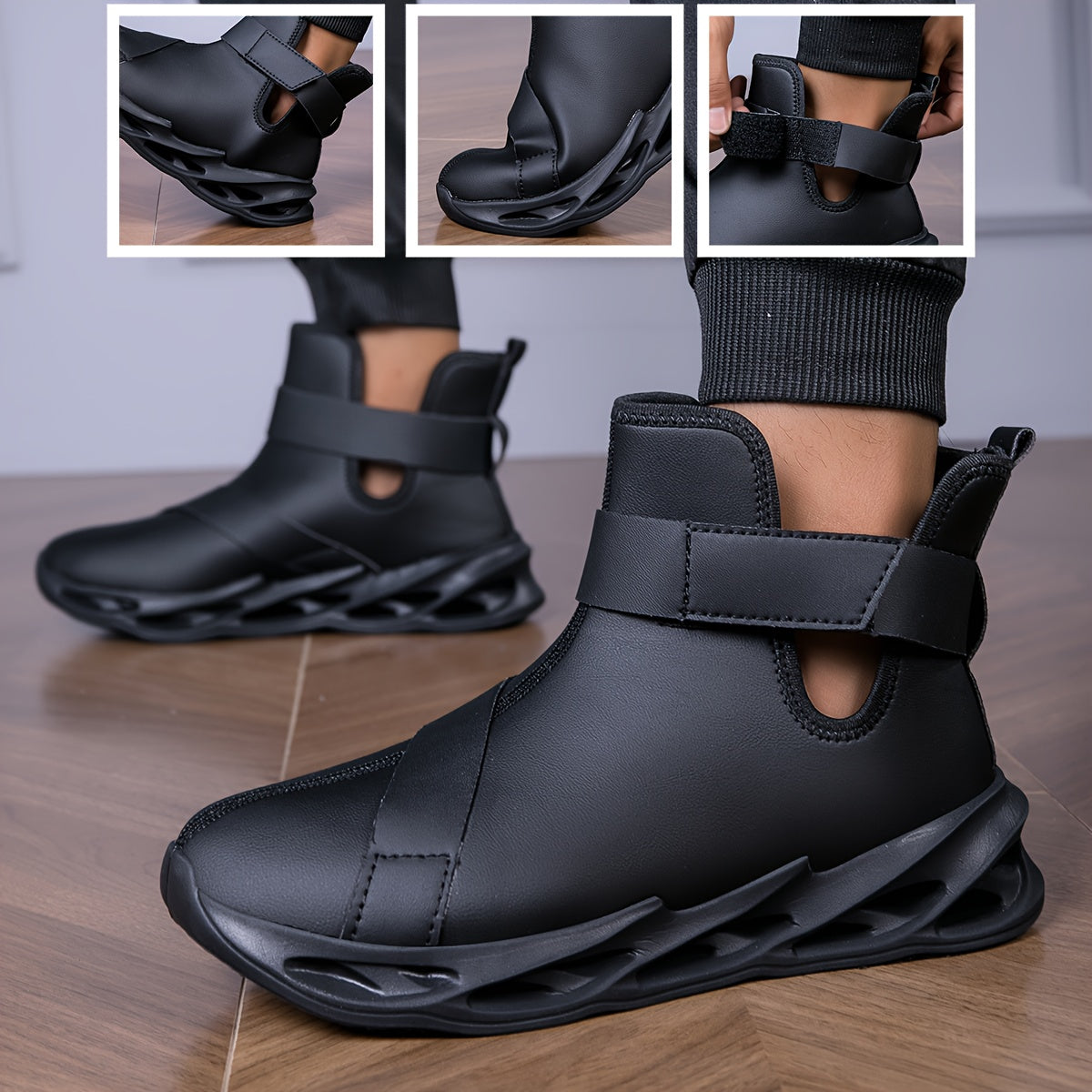 Men's -like PU Boot - Glossy Glossy/ Matte Black & Red/ - Lace-Up & Hook-and-Loop Closure - Chunky EVA Cushioned Base - Low-Top Height - British Work Boots for Men - Gothic Arch - PU Material - Multi-Color Options (Black, Red