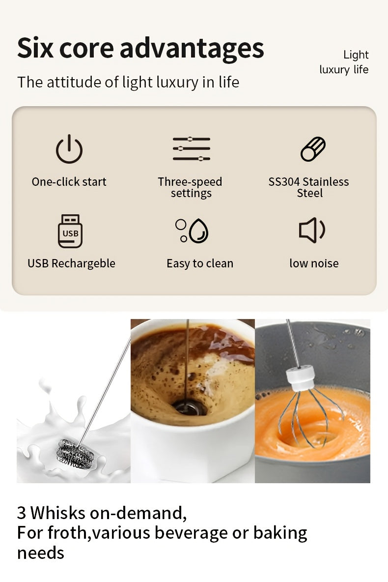 USB Rechargeable Handheld Milk Frother - 3 Interchangeable Blenders, 3-Speed Electric Blender with Stainless Steel Whisk, Egg Beater for Coffee, Matcha, Latte, Cappuccino And Hot Chocolate - Kitchen Gadgets