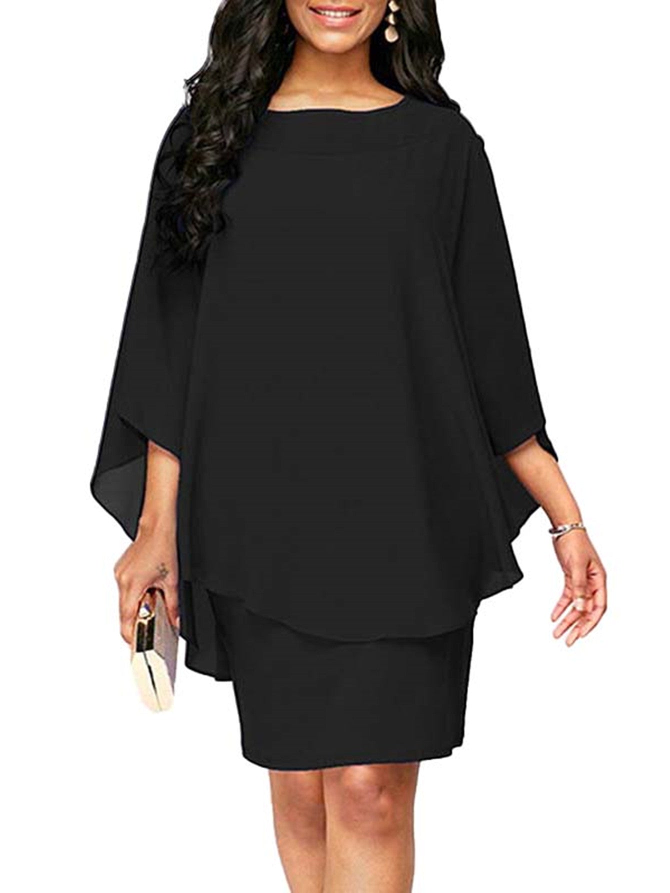 Plus Size, Plus Size Women's Classic Solid Color Cover-Up 2-in-1 Chiffon Dress