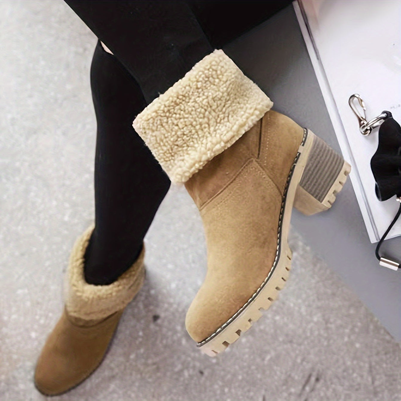Women's Warm Faux Fur Lined Boots, Slip On Block Heeled Ankle Boots, Women's Footwear