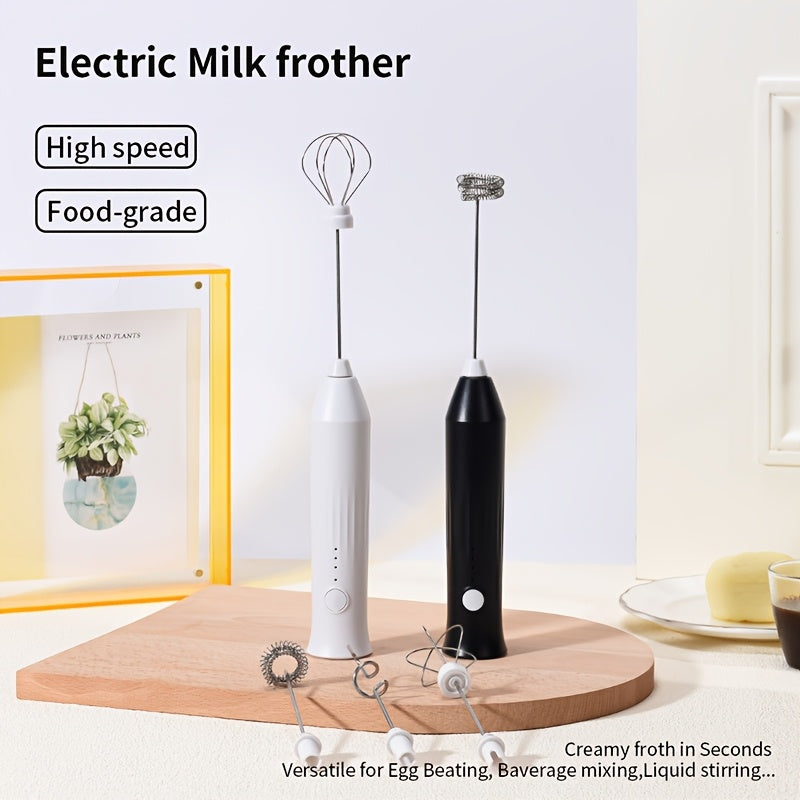 USB Rechargeable Handheld Milk Frother - 3 Interchangeable Blenders, 3-Speed Electric Blender with Stainless Steel Whisk, Egg Beater for Coffee, Matcha, Latte, Cappuccino And Hot Chocolate - Kitchen Gadgets