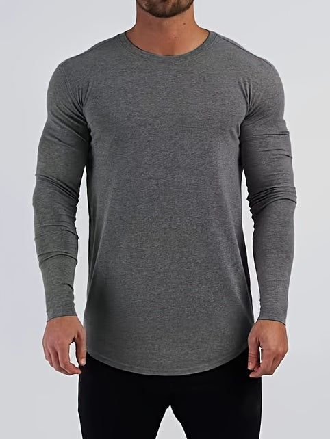 Mens Premium Solid Hue Slim Fit Long Sleeve Sports Shirt - Comfortable Crew Neck, Athletic for Fitness, Hiking & More - Versatile Top for Active Men