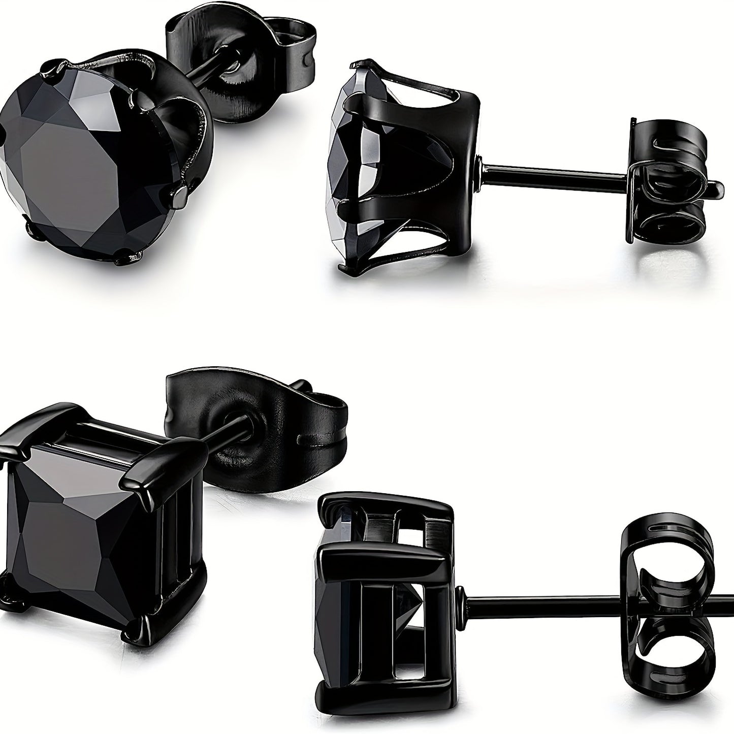 2 Pairs Stainless Steel Unisex CZ Stud Earrings - Durable Hypoallergenic, Jet Black, Sparkling Cubic Zirconia, Perfect for Men & Women