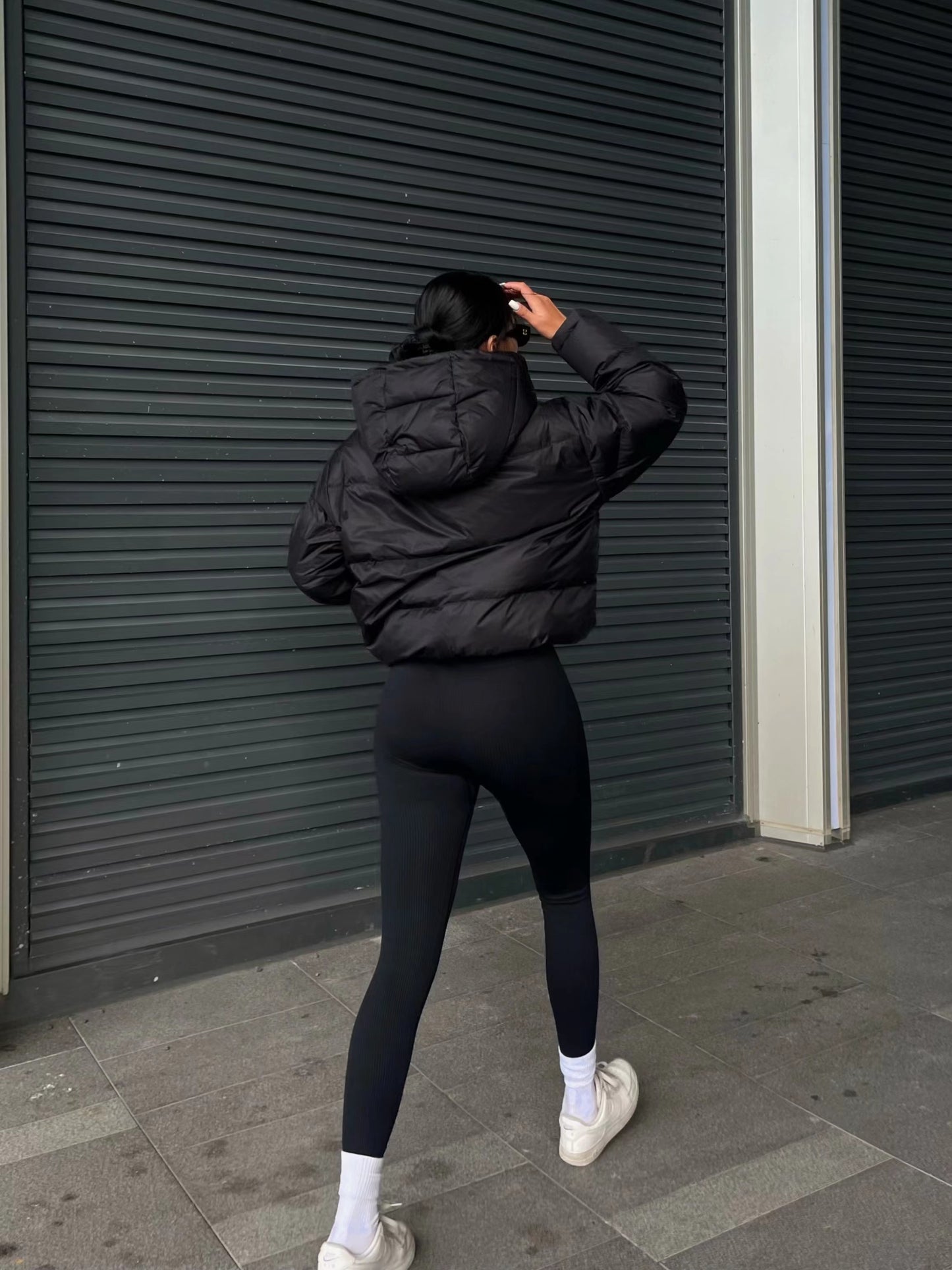 Women's Stylish Black Hooded Puffer Jacket - Casual Short Warm Outerwear with Drawstring Design, Long Sleeves, and Button-Up Front for Winter Comfort, Winter Jacket
