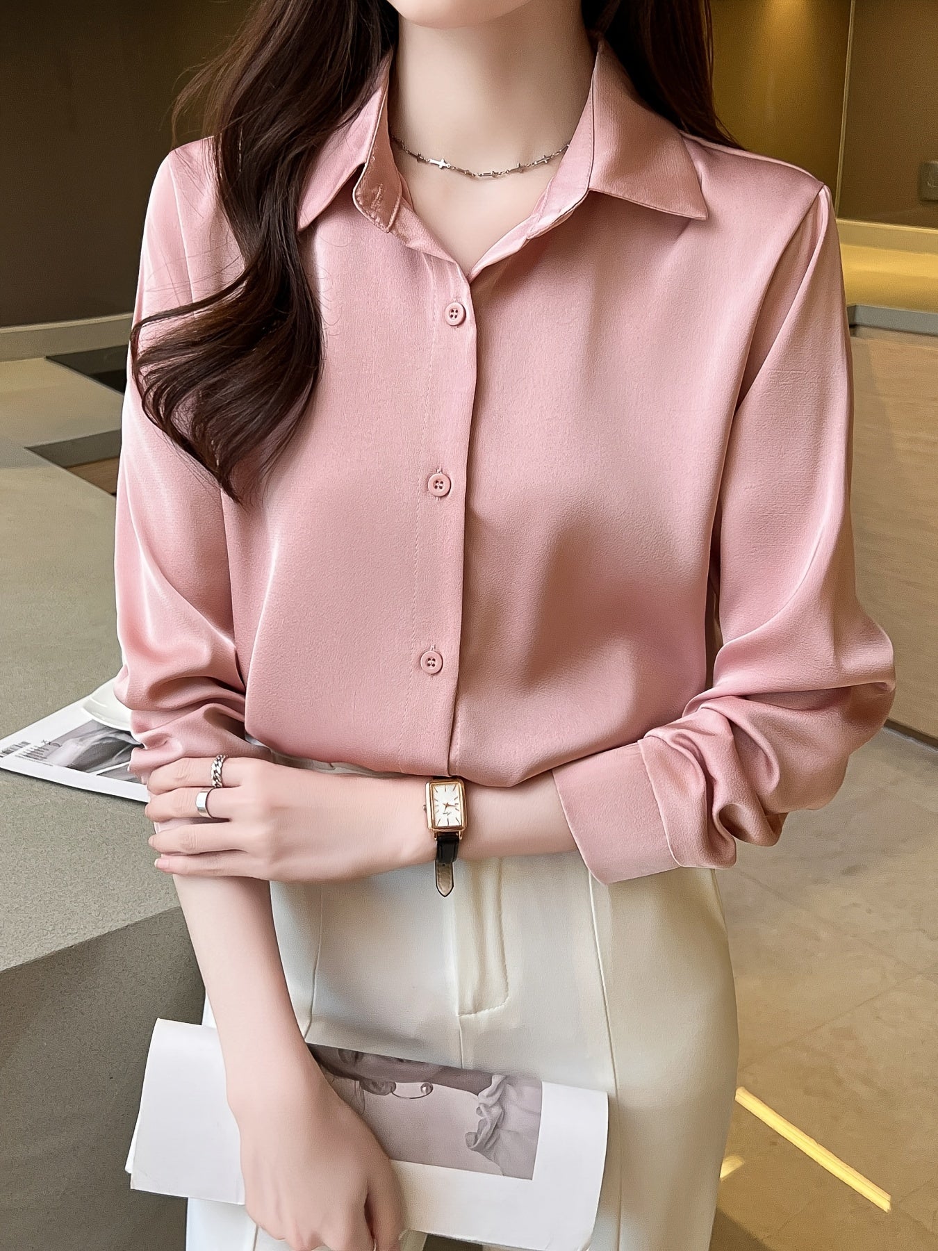 Womens Classic Solid Button Front Shirt - Flattering Long Sleeve Collar Design - Perfect for Work & Casual Office Wear - wardrobe Essential