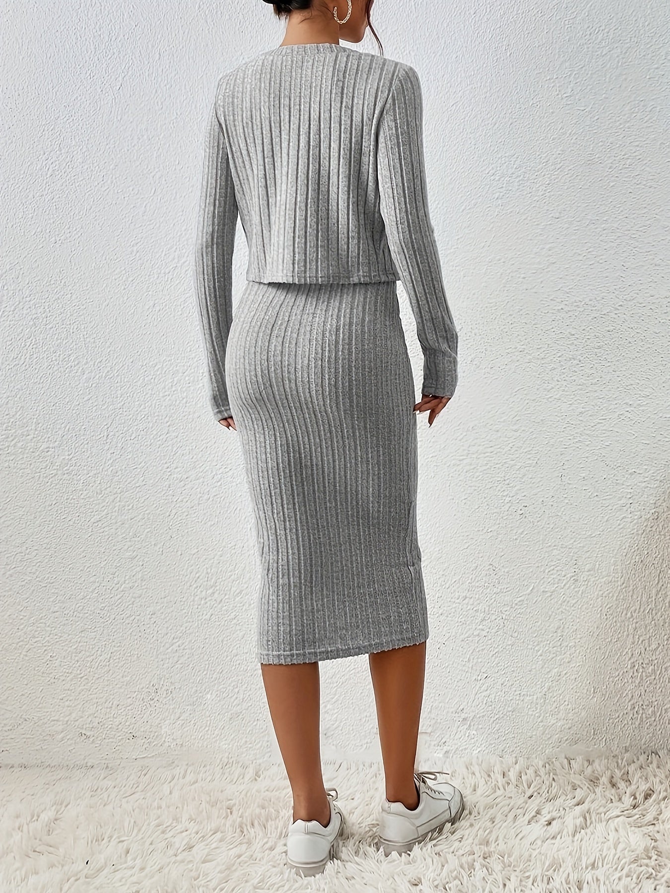Chic Solid Two-Piece Set - Flattering Single-Breasted Cardigan & Sleeveless Bodycon Dress Outfit - Perfect for Casual or Formal Wear - Womens Fashion Clothing