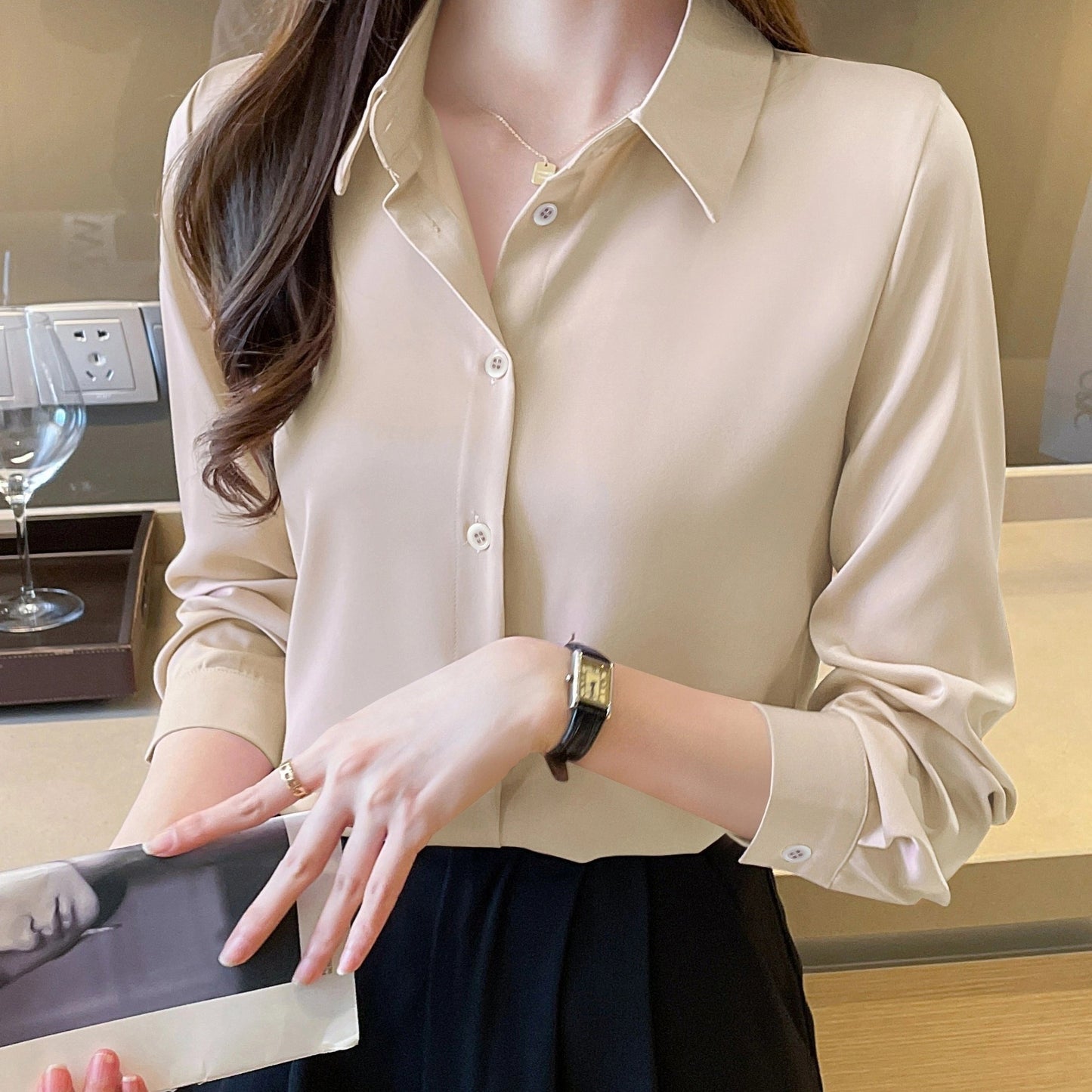 Womens Classic Solid Button Front Shirt - Flattering Long Sleeve Collar Design - Perfect for Work & Casual Office Wear - wardrobe Essential