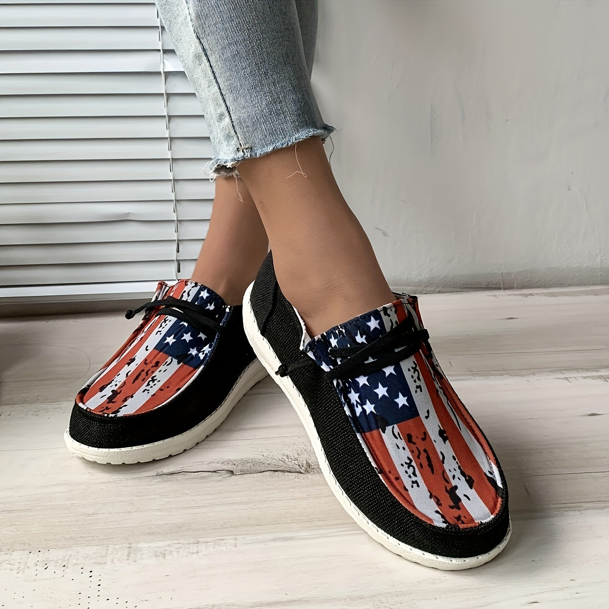 Stylish Womens Canvas Shoes - Breathable Mesh Lining, Fabric Insole, Random Stripe Pattern, Rubber Sole, Round Toe, Lightweight Low Top Design for Casual Outdoor Activities - Independence Day Flag Element
