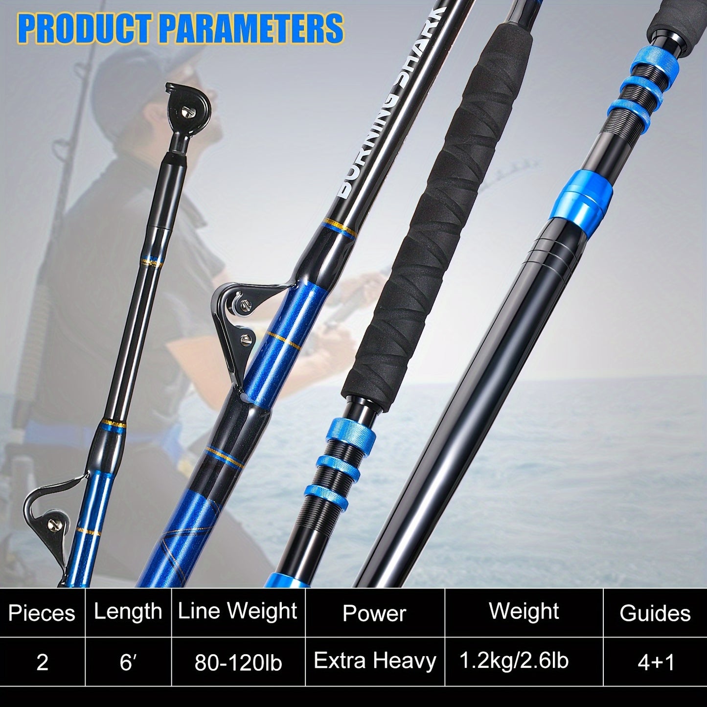 Sougayilang Heavy-Duty Carbon Fiber Boat Fishing Rod - Blue, Ambidextrous Grip for Deep Sea & Trolling, Fish Rod, Boat Rod, Deep Sea, Heavy-duty, Best for Christmas, Perfect for Thanksgiving